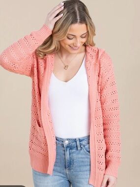 Staccato Coral Open-Weave Hooded Cardigan
